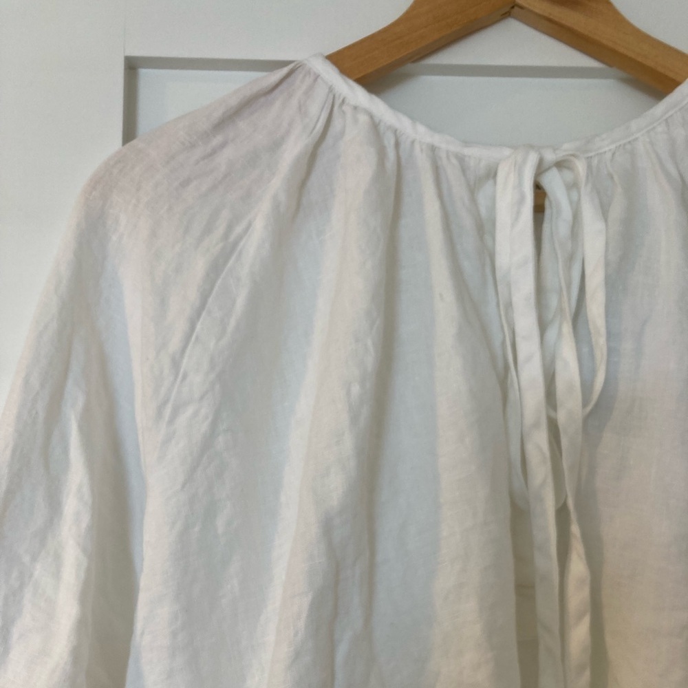 Des Sen White Linen Voluminous Puffy Sleeve Tie Blouse - Picture 5 of 5